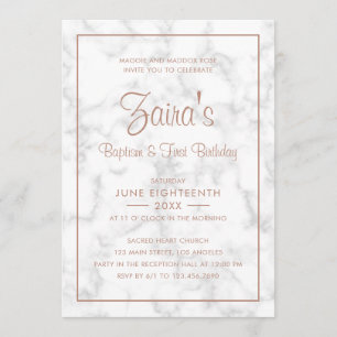 Convite Batismo Dourado do Rosa moderno Marble Primeiro An