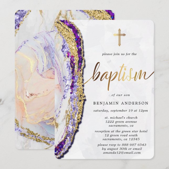 Convite Batismo Dourado e azul de cor aquosa de pedra mine (Frente/Verso)