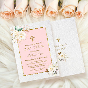 Convite Batismo Dourado e elegante da Cruz Floral