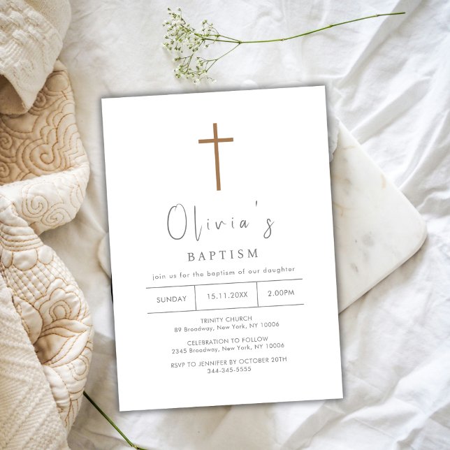 Convite Batismo Dourado e simples (Simple Gold Cross Christening Baptism Invitation)