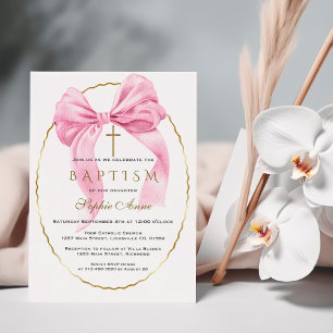 Convite Batismo Dourado Elegante Arco Cor-de-Água Rosa
