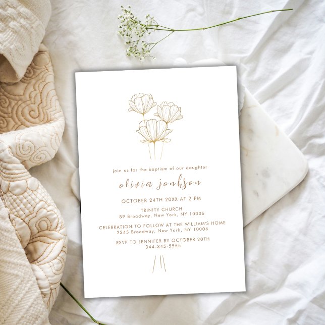 Convite Batismo Dourado Elegante da Flor Christening Girl (Elegant Gold Flower Christening Girl Baptism Invitation)