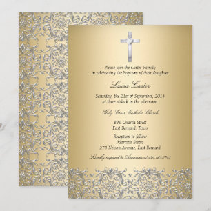 Convite Batismo Dourado Elegante Damask Cross/Christening