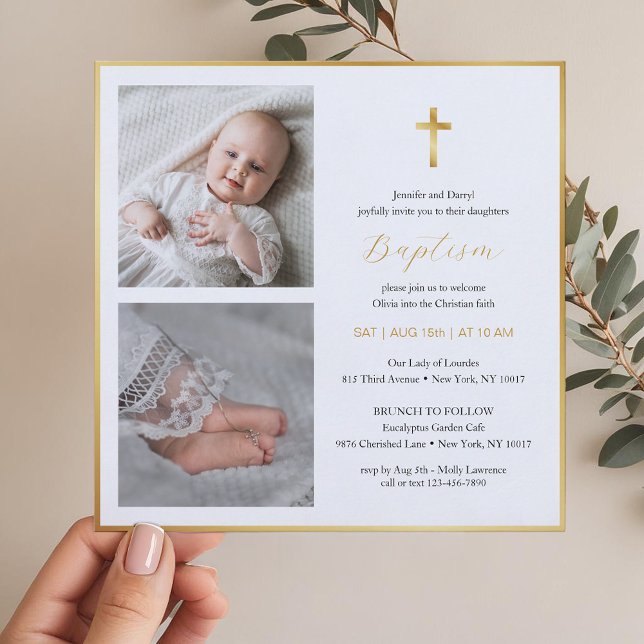 Convite Batismo Dourado Elegante | Script Moderno (Photo Baptism Invitation )