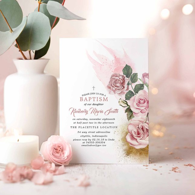 Convite Batismo Dourado entre as glitter e as Rosas empoei (Elegant Roses Dusty Pink Baptism Invitations)