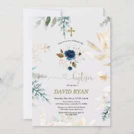 Convite Batismo Dourado Floral Azul-Aquarela Encantadora