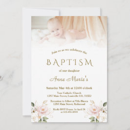 Convite Batismo Dourado Floral de Blush Rosa Elegante