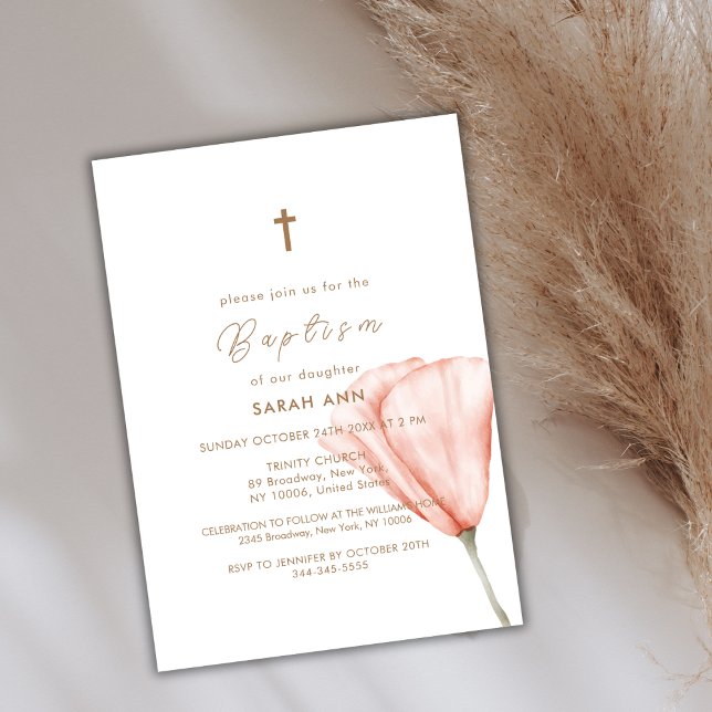 Convite Batismo Dourado Floral de Boho com Script Simples (Simple Script Boho Floral Gold Cross Baptism Invitation)