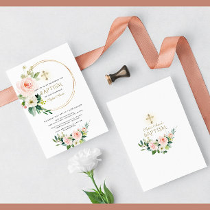 Convite Batismo Dourado Floral Elegante, Rosa, Blush