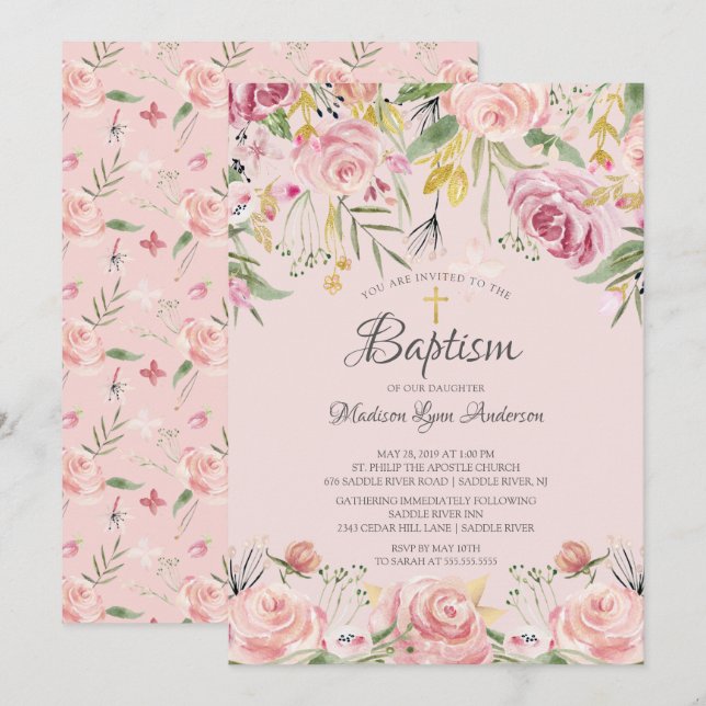 Convite Batismo Dourado Floral Rosa Blush (Frente/Verso)