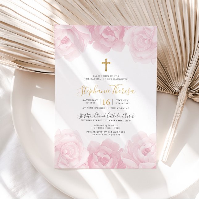 Convite Batismo Dourado Floral Rosa Elegante (Pink Floral Girls Baptism Invitation)