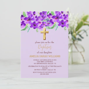 Convite Batismo Dourado Floral Roxo Lilac
