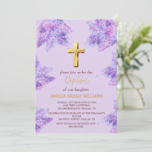 Convite Batismo Dourado Floral Roxo Lilac