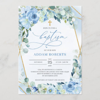 Convite Batismo Dourado Geométrico Floral Azul-Gelo