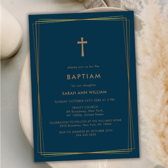 Convite Batismo Dourado pela Tipografia Verde Azul (Blue Green Elegant Gold Typography Cross Baptism Invitation)