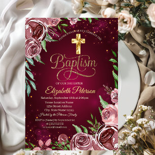 Convite Batismo Dourado Rosas Cross Burgundy