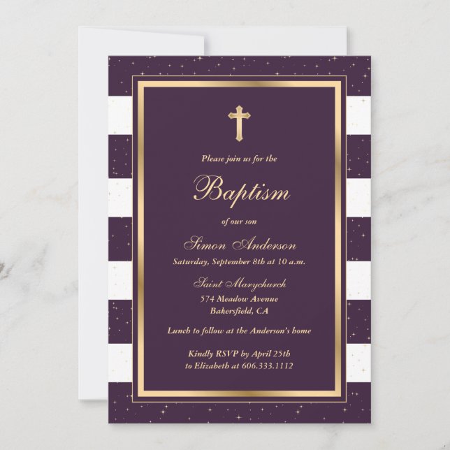 Convite Batismo Dourado Roxo Elegante (Frente)