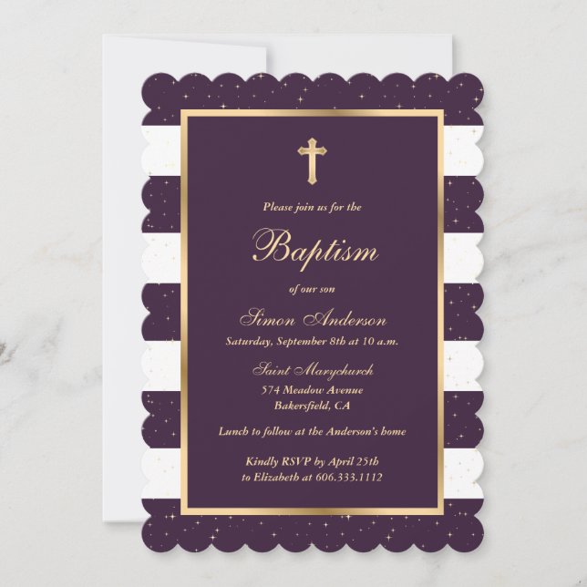 Convite Batismo Dourado Roxo Moderno Elegante (Frente)