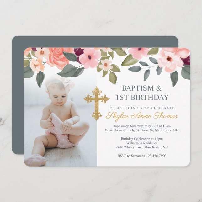 Convite Batismo e 1º Aniversário Foto de Flores Aquarela (Frente/Verso)