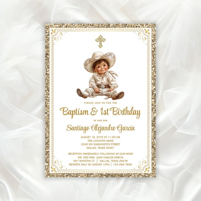 Convite Batismo e Aniversário do Bebê Dourado Elegante (Cute baby charro baptism invitation. You can change all text as needed for your event. )