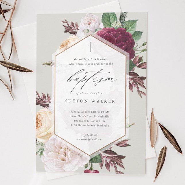 Convite Batismo e Batizado Religioso Floral Elegante (Modern floral script baptism invitation with hand painted botanical foliage and minimal cross.)