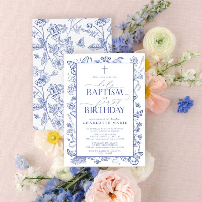 Convite Batismo e primeiro aniversario Belo e Azul-Elegant (Easily personalize this beautiful baptism and first birthday invitation with your personal details)