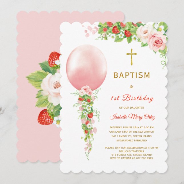 Convite Batismo e Primeiro Aniversário Morango (Frente/Verso)