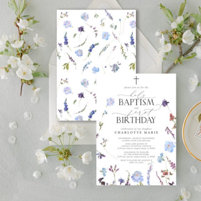 Convite Batismo e primeiro aniversario sagrado dos flores  (Easily personalize this baptism and first birthday invite with your personal details.)