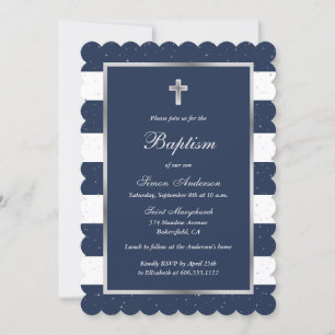 Convite Batismo Elegante Blue Silver Cross Boy
