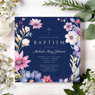 Convite Batismo Elegante Blue Wildflower