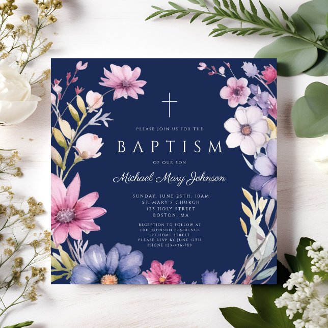Convite Batismo Elegante Blue Wildflower (Elegant Blue Wildflower Wreath Boy Baptism Invitation)