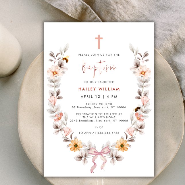 Convite Batismo Elegante Boho Wildflower Wreath Girl (Elegant Boho Wildflower Wreath Girl Baptism Invitation)