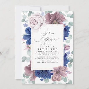 Convite Batismo Elegante das Flores Azuis Marinho e Mauve