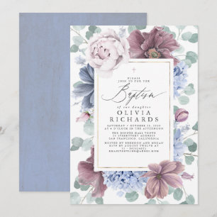 Convite Batismo Elegante das Flores Azuis Mauve e Dusty