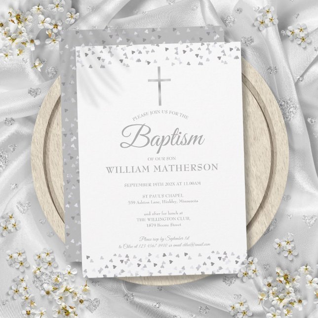 Convite Batismo Elegante de Corações de Prata (Elegant Silver Hearts Baptism Christening Invitation)