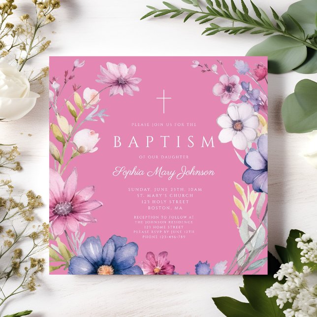 Convite Batismo Elegante de Flor Selvagem Rosa (Elegant Pink Wildflower Wreath Girl Baptism Invitation)