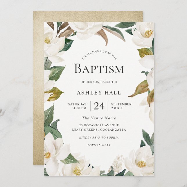 Convite Batismo Elegante de Flores Brancas Douradas (Frente/Verso)