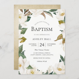 Convite Batismo Elegante de Flores Brancas Douradas