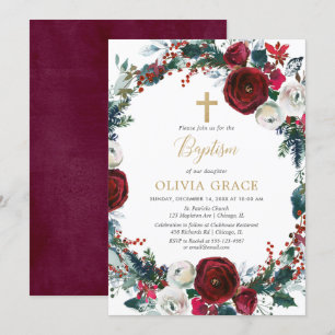 Convite Batismo elegante de ouro burgundy de Natal