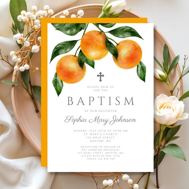 Convite Batismo Elegante De Rapariga (Elegant Oranges Girl Baptism Invitation)