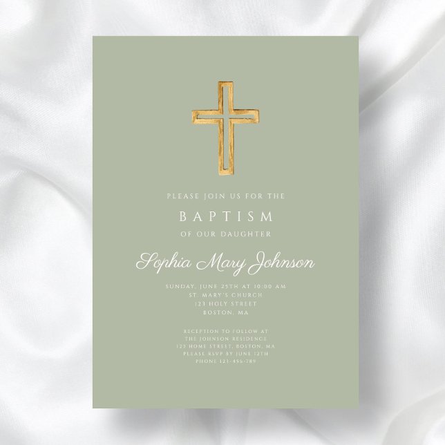 Convite Batismo Elegante de Rapariga Religiosa Verde (Elegant Sage Green Religious Cross Girl Baptism Invitation)