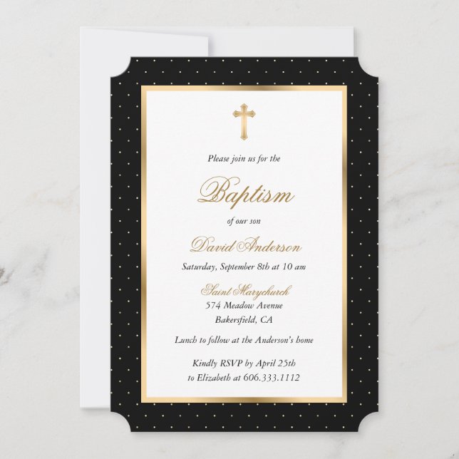 Convite Batismo Elegante de Script de Bolinhas Douradas Pr (Frente)
