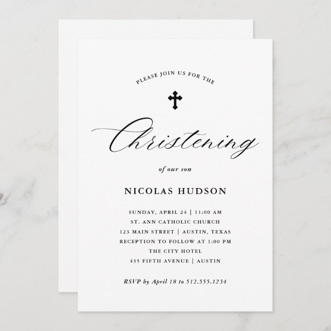 Convite Batismo elegante do ponto morto do género da (Frente/Verso)