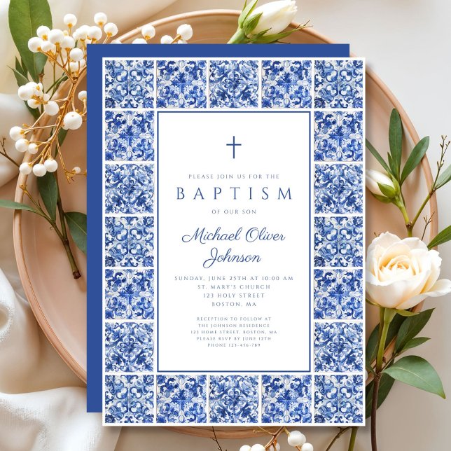 Convite Batismo Elegante dos Azulejos do Mediterrâneo (Elegant Mediterranean Tiles Boy Baptism Invitation)