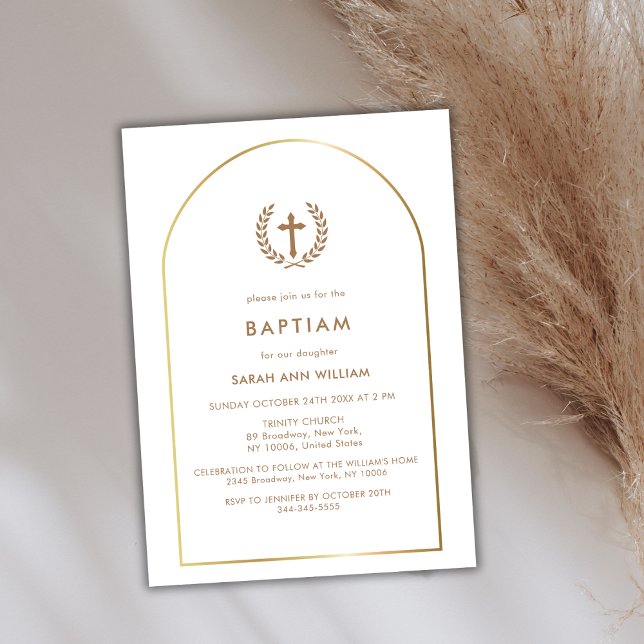 Convite Batismo Elegante Dourado Arch Wreath Cross Frame (Elegant Gold Arch Wreath Cross Frame Baptism Invitation)