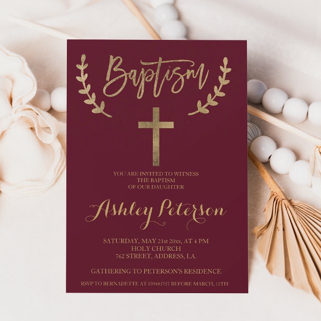 Convite Batismo elegante Dourado burgundy vermelho (Gold burgundy red elegant typography baptism invitation)