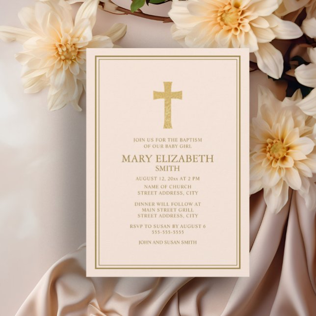 Convite Batismo Elegante Dourado Cruzada Rosa Menininha (Elegant cream-colored baptism invitation)