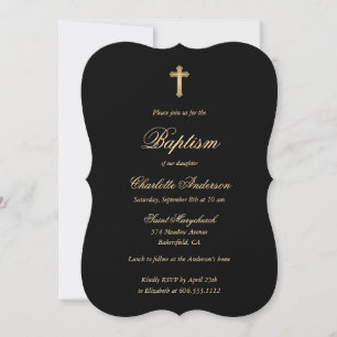 Convite Batismo Elegante Dourado Cruzado Preto