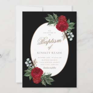 Convite Batismo Elegante Dourado do Script Red Peonies