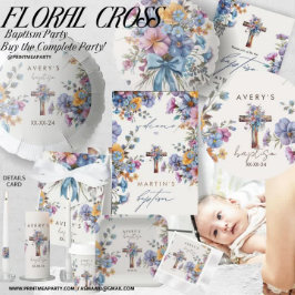 Convite Batismo elegante e moderno cruz azul-aquarela